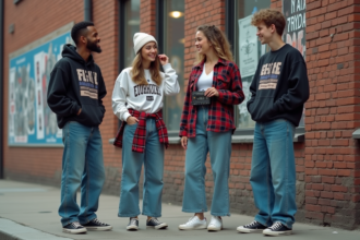 Groupe de jeunes en mode vintage dans la ville des années 90