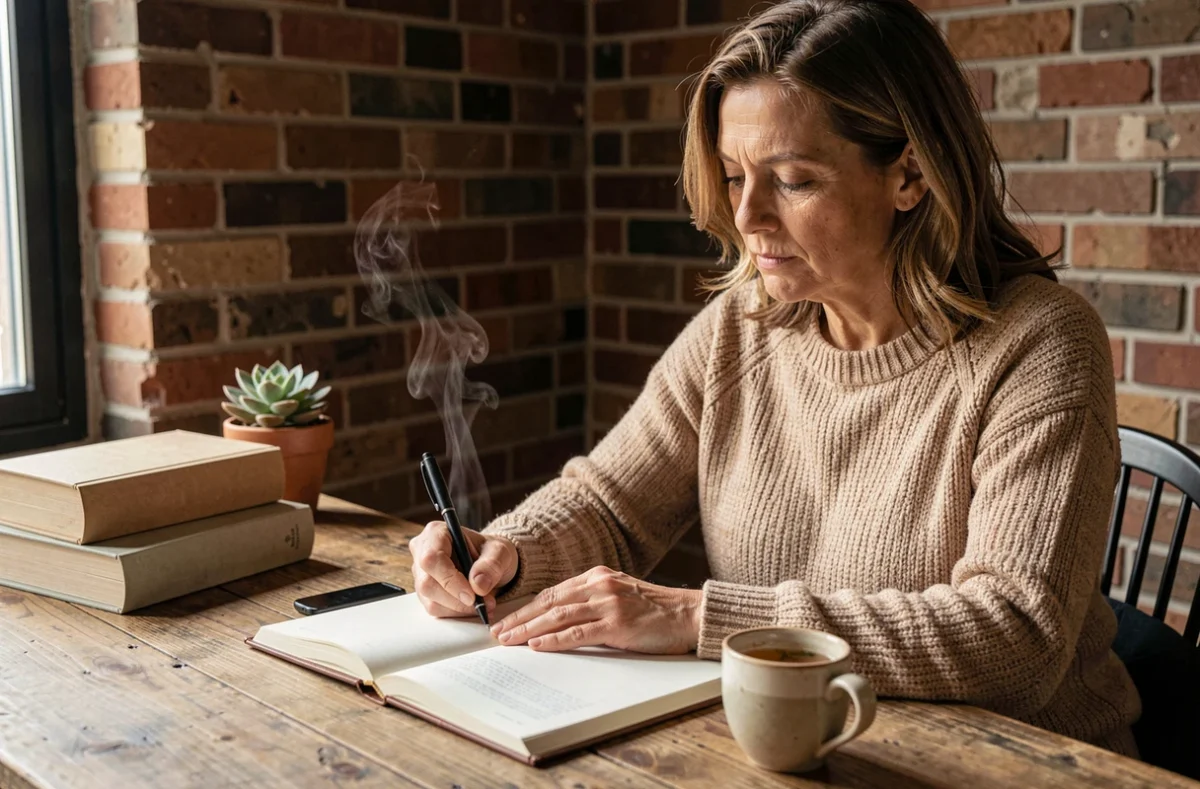 Femme écrivant dans un journal intime à un bureau en bois rustique, représentant la pratique d'alignement personnel liée à l'heure miroir 11h22 evozen