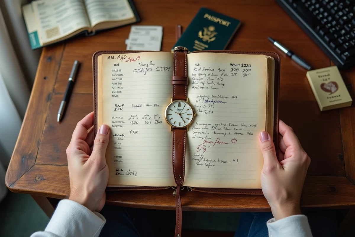 Journal de voyage ouvert avec annotations AM et PM accompagné d'une montre analogique et d'un passeport sur un bureau en bois