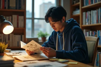 Jeune homme japonais lisant un tome de manga One Piece dans son appartement tokyoïte, entouré de volumes empilés sur un bureau en bois
