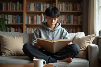 Jeune homme lisant un manga One Punch Man sur son canapé pendant un week-end