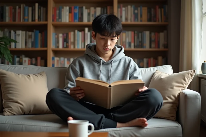 Jeune homme lisant un manga One Punch Man sur son canapé pendant un week-end