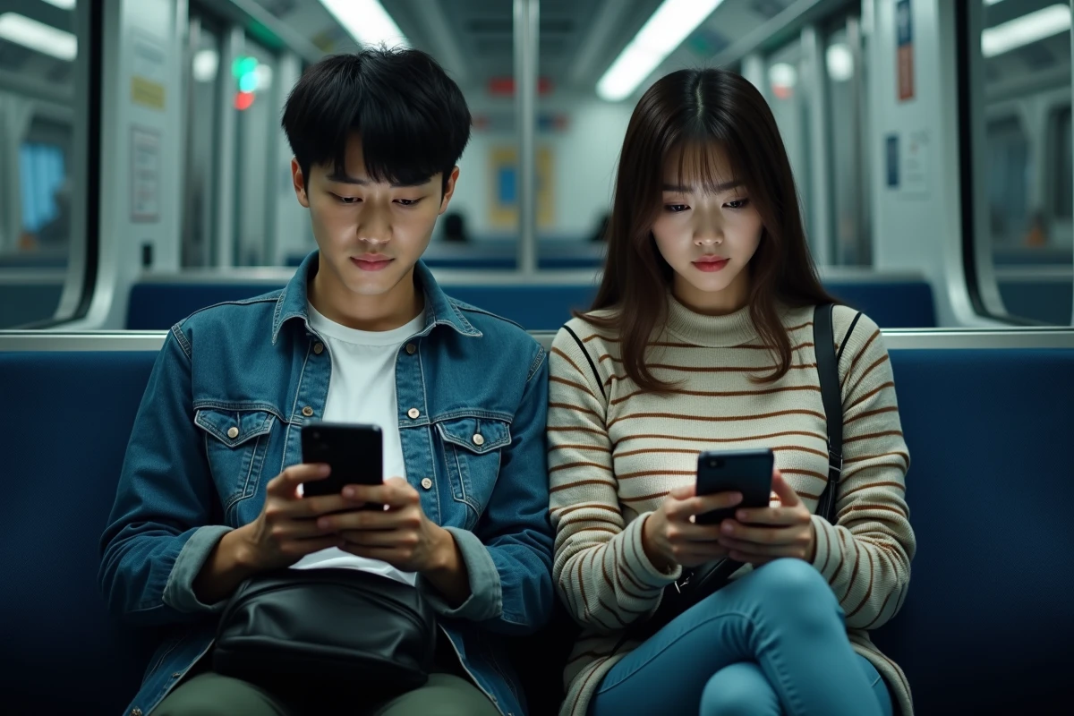 Deux jeunes adultes lisant des scans manga en VF sur leurs smartphones dans le métro lors de leur trajet quotidien
