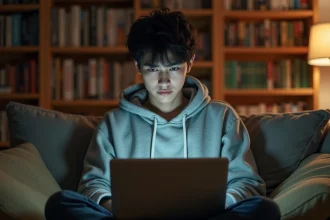 Jeune homme lisant des scans manga en VF sur son ordinateur portable dans un appartement cosy entouré de volumes manga