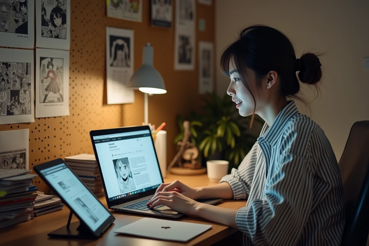 Jeune femme lisant des scans de One Punch Man sur tablette et ordinateur portable à son bureau