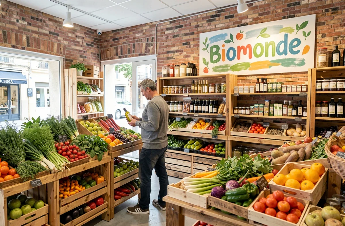 Client examinant de l'huile d'olive bio dans le magasin Lo Bio Biomonde à Béziers