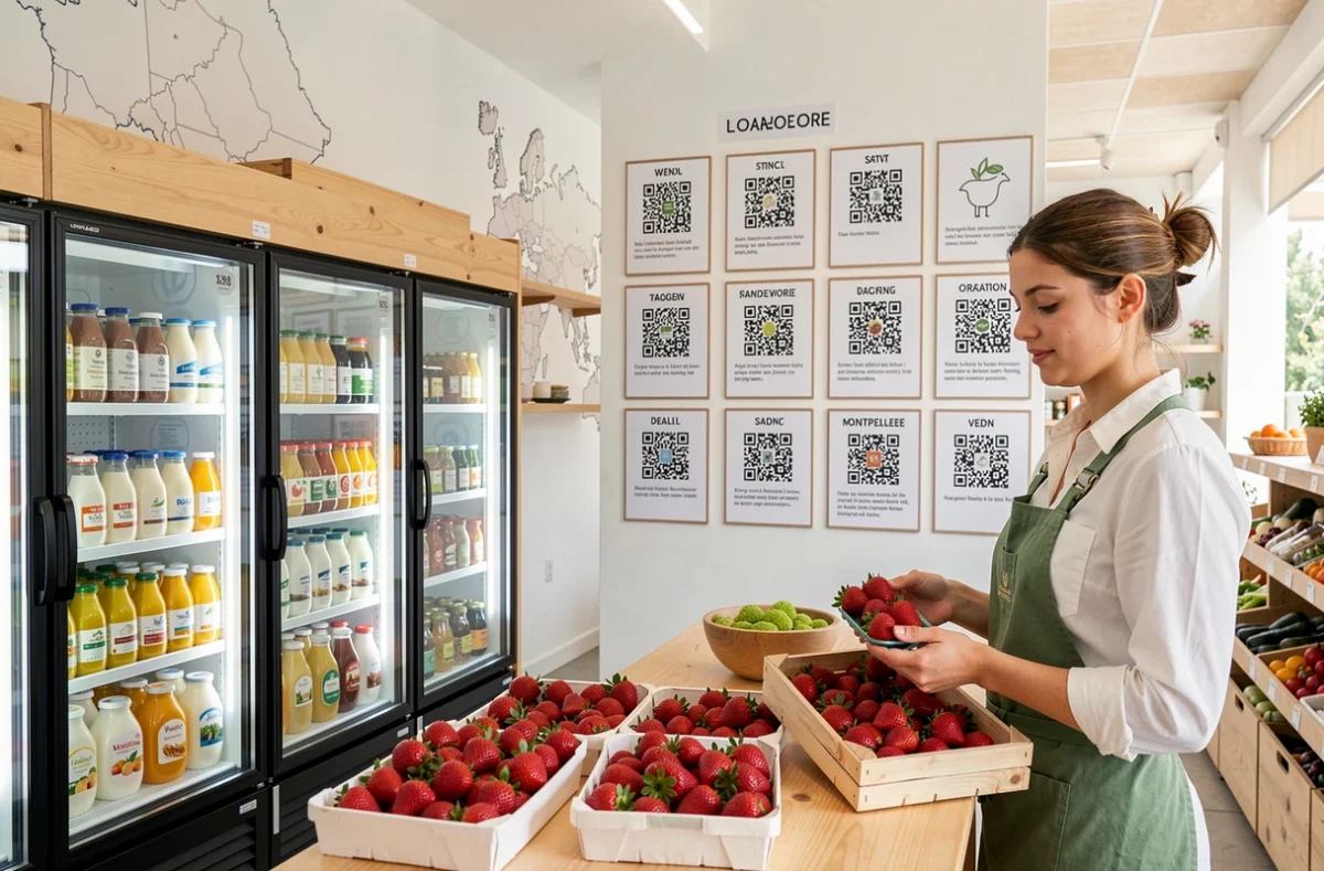Jeune femme inspectant des fraises bio au Locavorium de Saint-Jean-de-Védas près de Montpellier