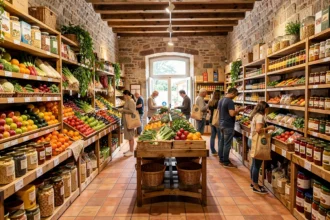 Intérieur d'un magasin bio en Occitanie avec des rayons colorés de fruits, légumes et produits en vrac