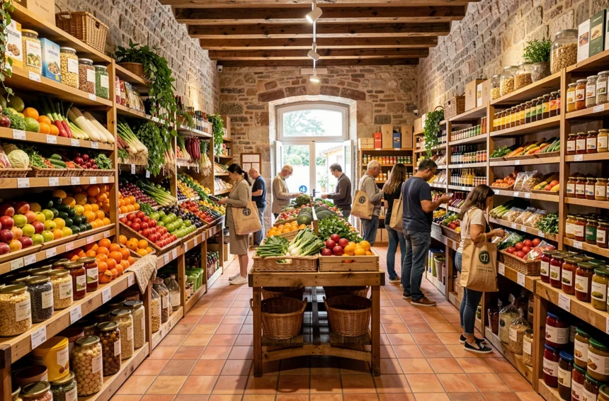 Intérieur d'un magasin bio en Occitanie avec des rayons colorés de fruits, légumes et produits en vrac