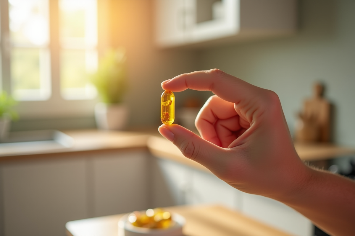 Main tenant une capsule de vitamine K2 en lumière naturelle