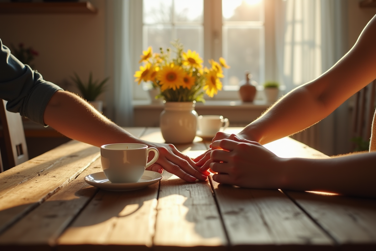 Mains entrelacees sur table cuisine avec fleurs et tasses matin
