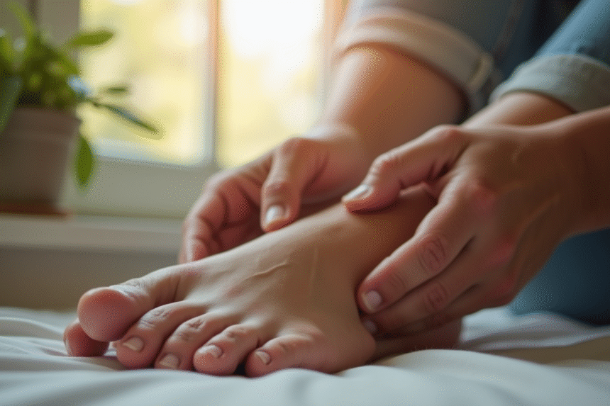 Mains d'un adulte touchant doucement ses pieds à la lumière naturelle