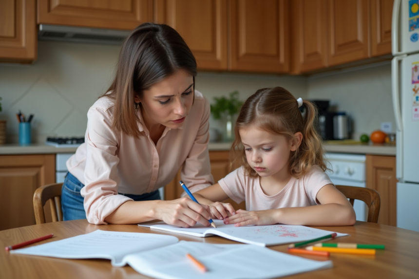 Maman et fille concentrées sur leurs devoirs à la maison