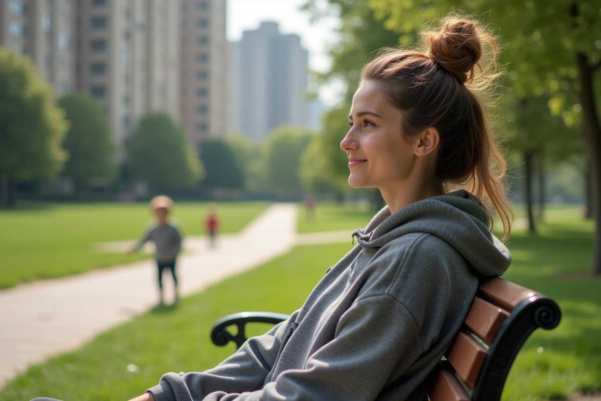 Jeune mère relaxant sur un banc de parc avec son enfant