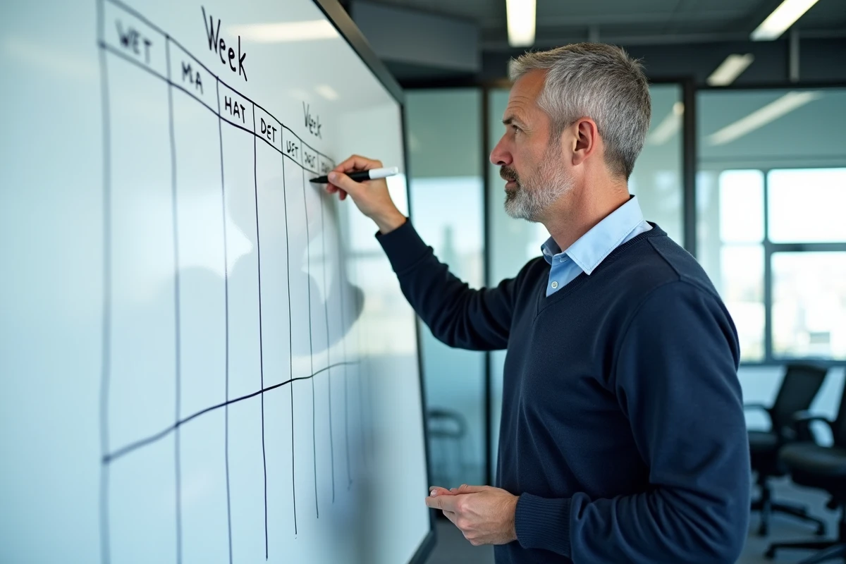 Manager planifiant les semaines paires de 2026 sur un tableau blanc dans un bureau professionnel