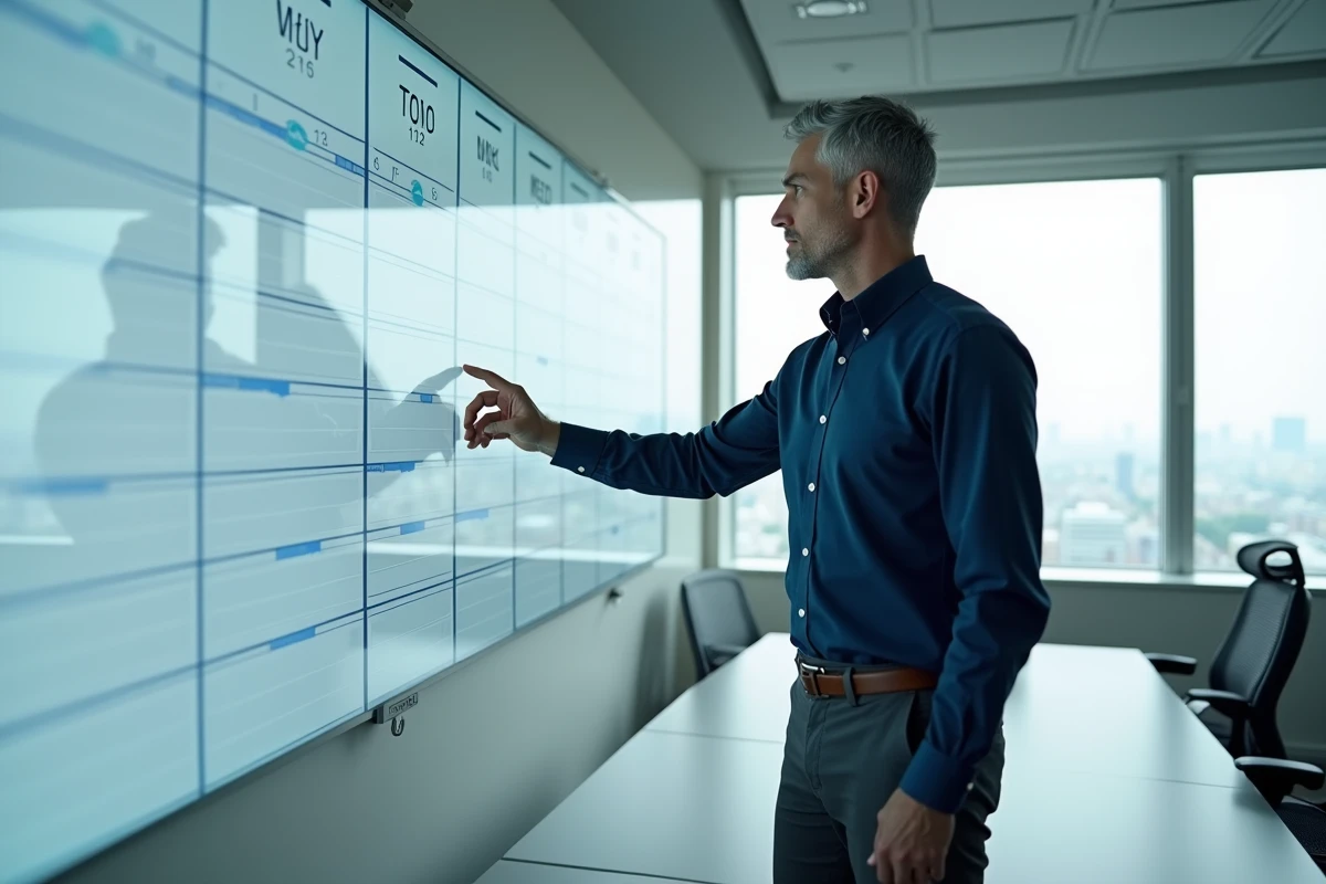 Manager présentant un planning RH 2026 avec semaines paires et impaires sur un tableau de réunion