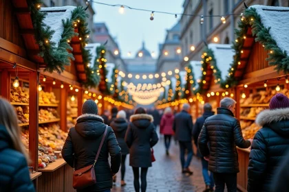 Marché de Noël de Lyon avec chalets en bois décorés et foule de visiteurs en manteaux d'hiver sur les pavés