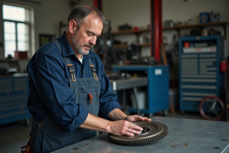Mécanicien homme examinant un volant moteur usé en atelier