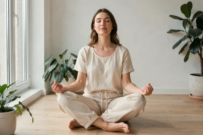 Femme en méditation sur un plancher en bois dans un salon minimaliste, illustrant l'alignement spirituel de l'heure miroir 11h22