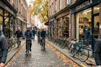 Rue commerçante du Nord avec plusieurs boutiques de réparation de vélos et cyclistes