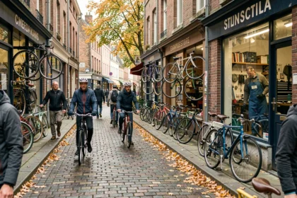 Rue commerçante du Nord avec plusieurs boutiques de réparation de vélos et cyclistes