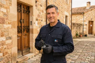 Serrurier professionnel en uniforme de travail devant une porte en pierre typique du Gard, tenant des outils de serrurerie
