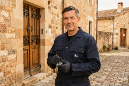 Serrurier professionnel en uniforme de travail devant une porte en pierre typique du Gard, tenant des outils de serrurerie