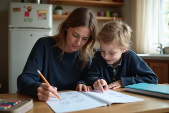 Une mère aide son enfant à faire ses devoirs de mathématiques sur les conversions de millilitres à une table en bois