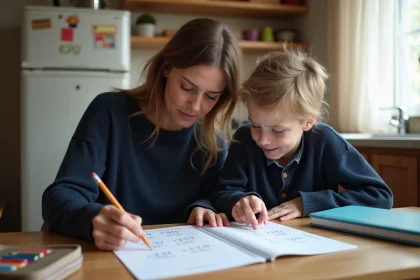 Une mère aide son enfant à faire ses devoirs de mathématiques sur les conversions de millilitres à une table en bois