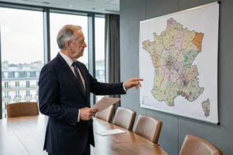 Le ministre des Transports 2026 présentant sa vision de transformation des routes françaises devant une carte d'infrastructure lors d'une réunion gouvernementale à Paris