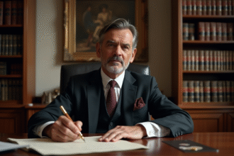 Notaire masculin en costume écrivant une lettre dans son bureau