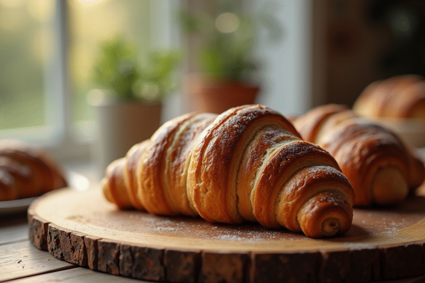 Pain au chocolat maison doré sur table en bois rustique