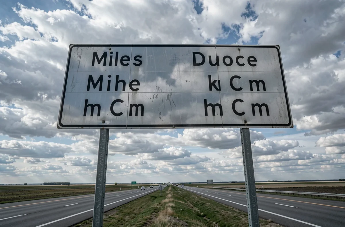 Panneau routier américain indiquant des distances en miles et kilomètres sur une autoroute