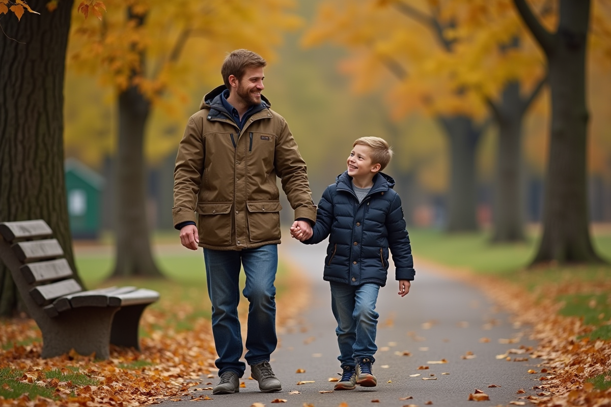 Père et fils rient en marchant dans un parc automnal