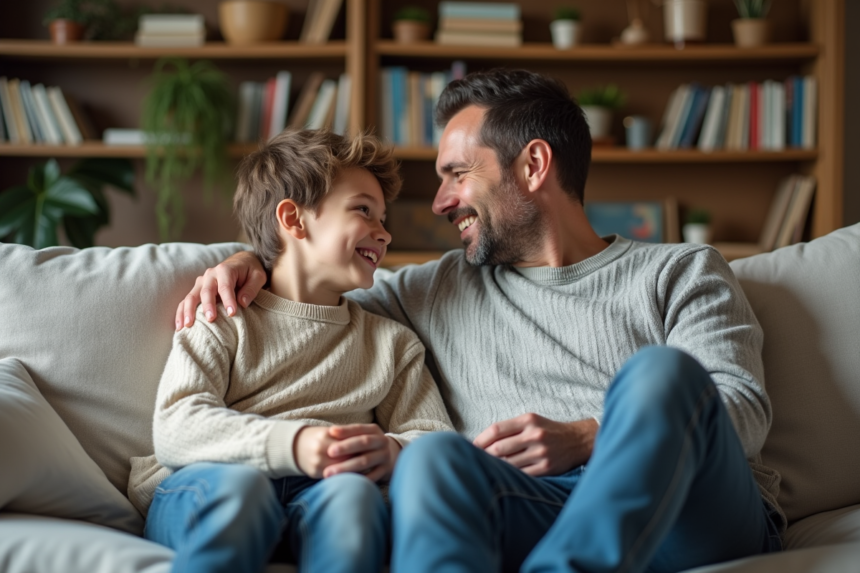 Père et fils discutent chaleureusement sur un canapé