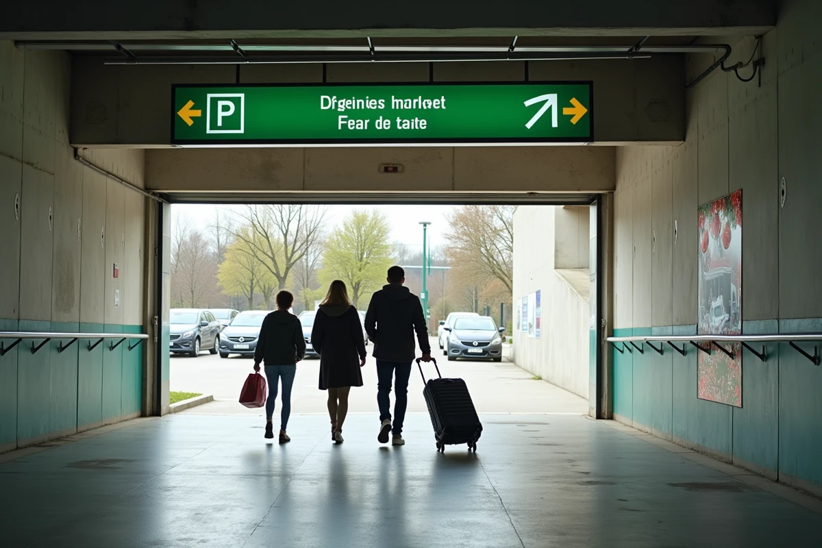 Entrée d'un parking souterrain à Lyon avec signalétique de direction vers le marché de Noël et famille de visiteurs