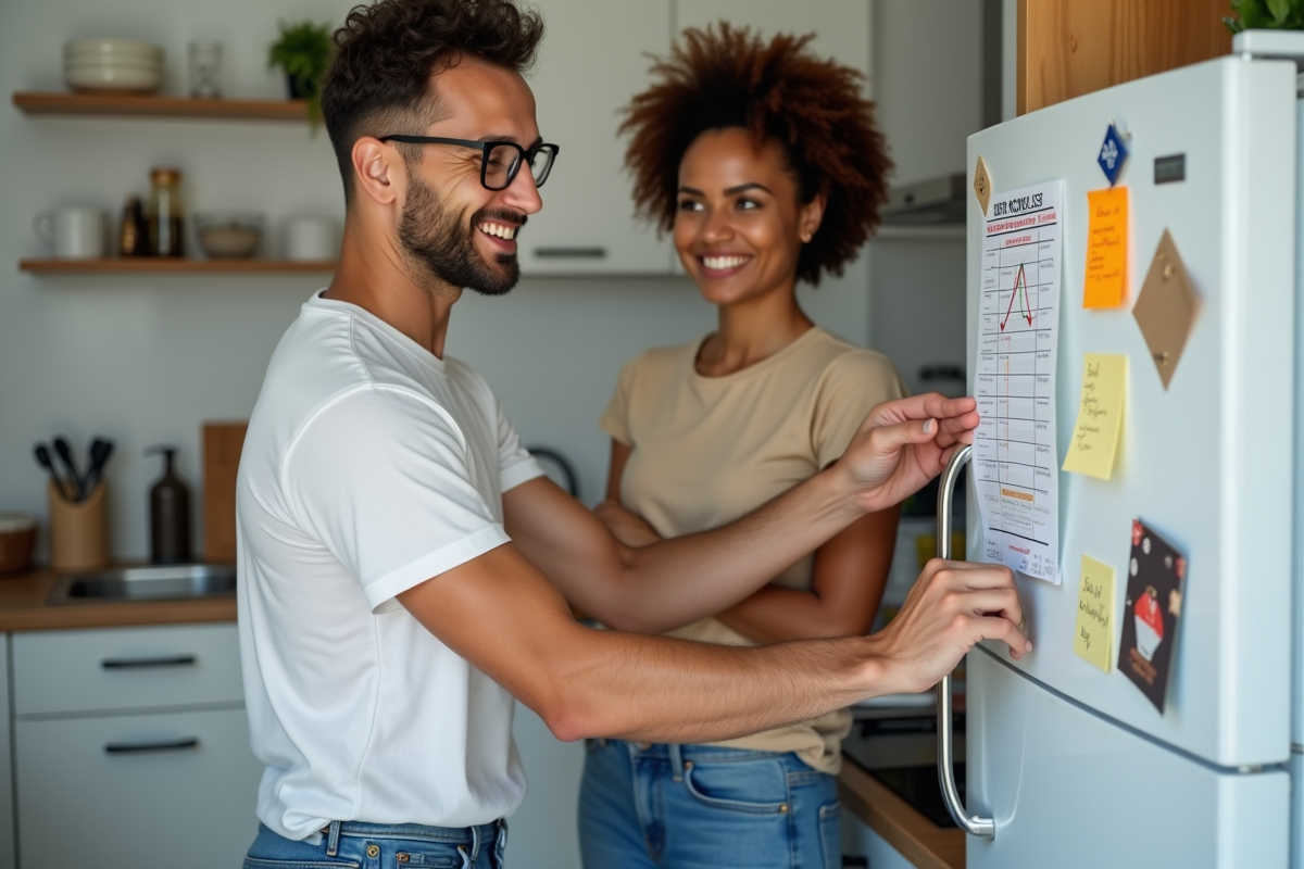 Deux colocataires collent un tableau de dépenses sur le frigo
