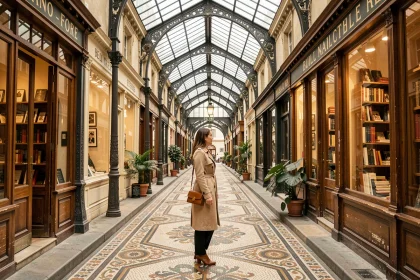 Femme se promenant dans un passage couvert parisien orné de mosaïques et de verrières en fer forgé