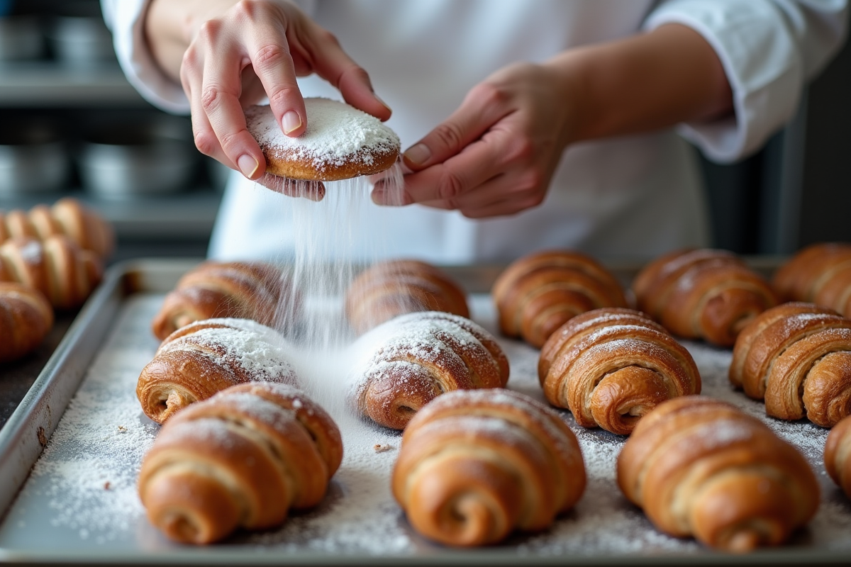 Boulanger saupoudrant sucre sur pain au chocolat en cuisine lumineuse