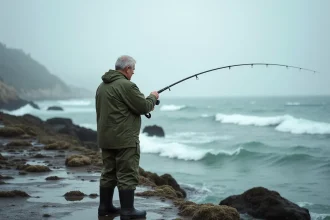 Pêcheur en waders lançant sa canne à pêche depuis la jetée rocheuse de Capbreton à marée basse