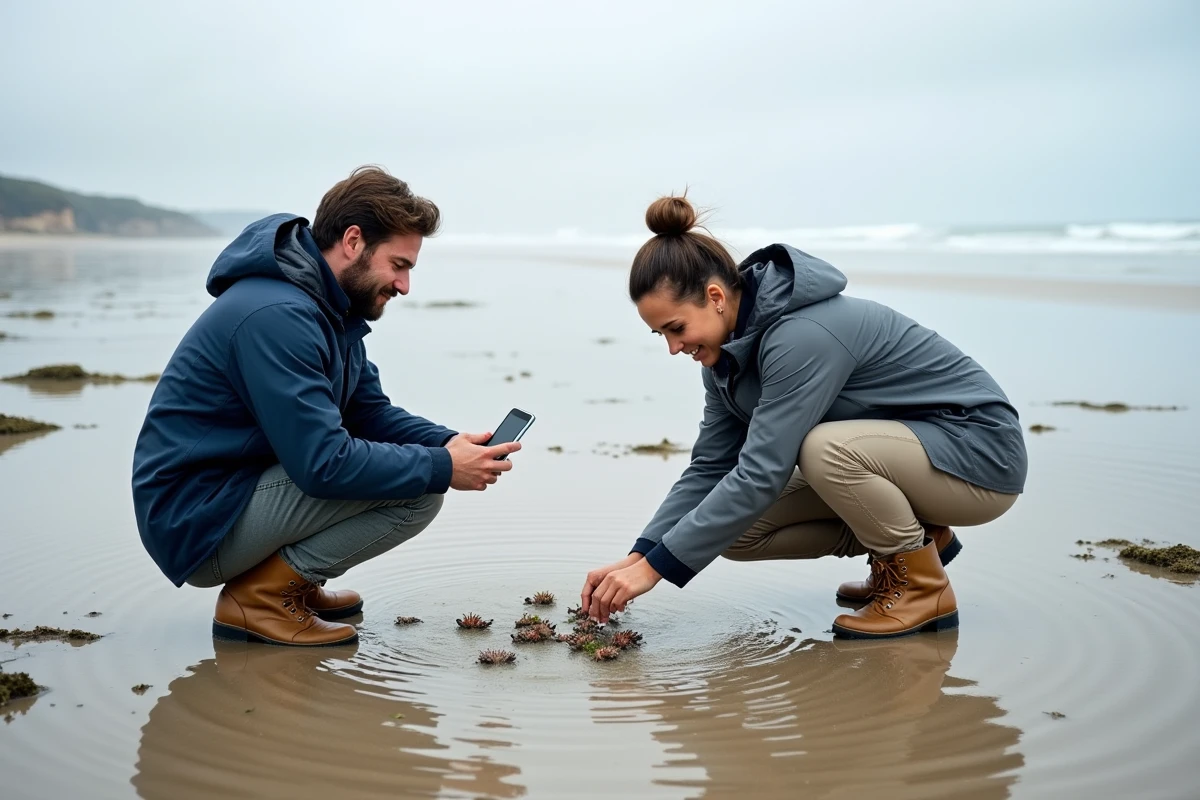 Deux pêcheurs consultant les horaires de marée sur smartphone lors d'une marée basse à Capbreton