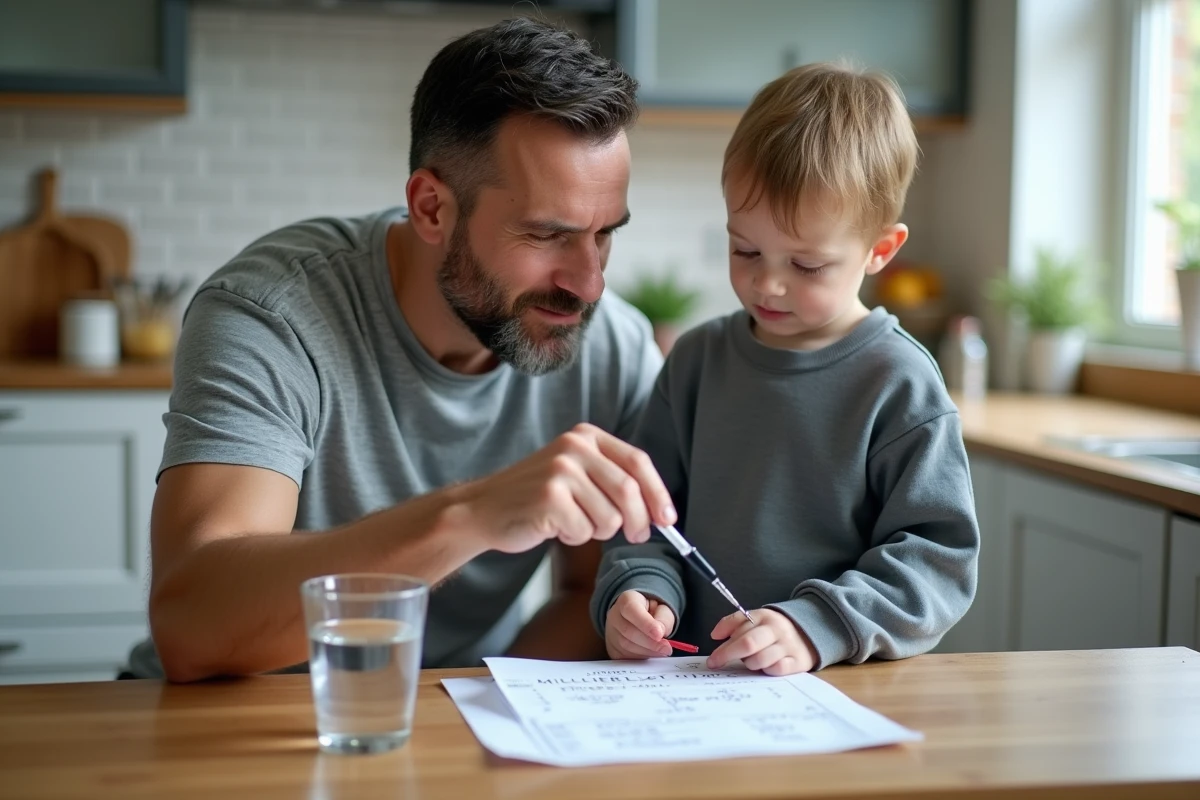 Un père explique les mesures de volume en millilitres à son fils à l'aide d'une tasse graduée dans la cuisine