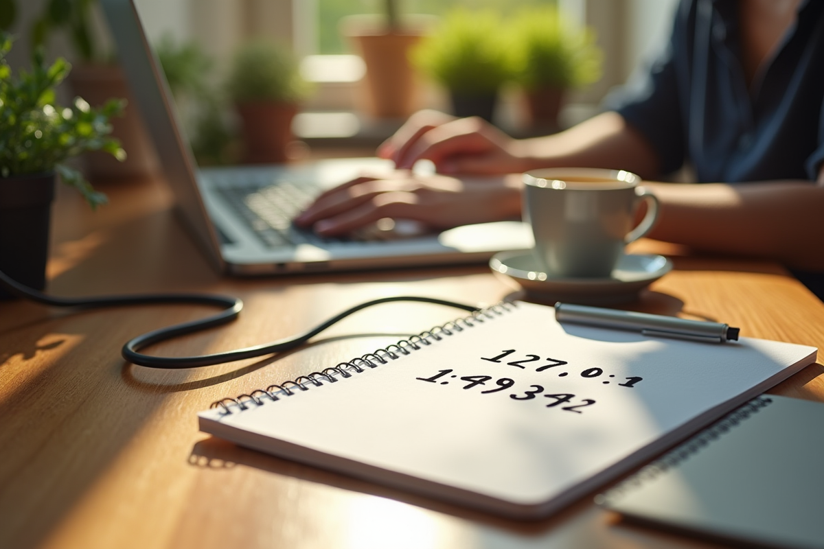 Personne utilisant un ordinateur portable avec un carnet et câbles réseau