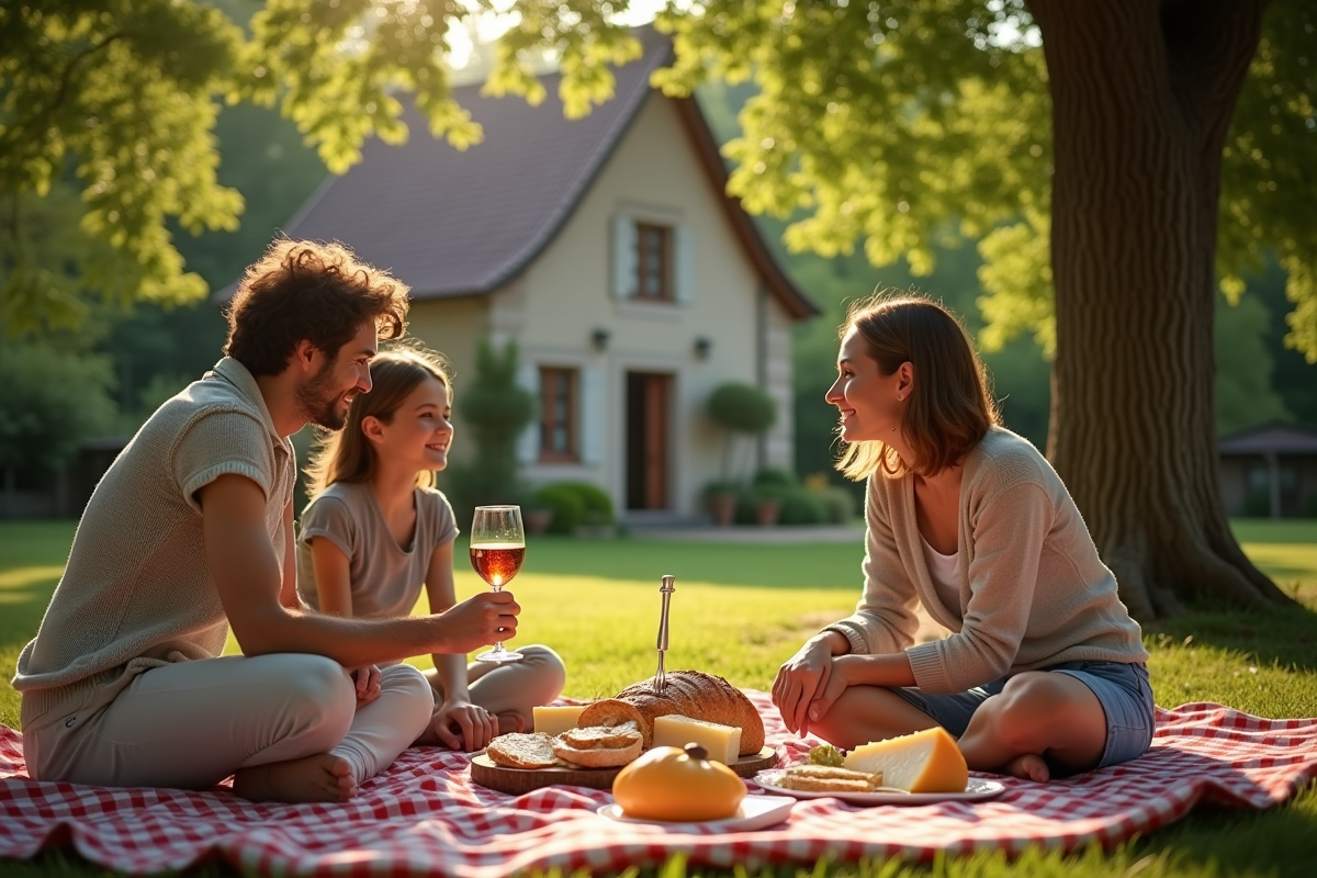 Pique-nique champêtre avec maison en pierre en arrière-plan