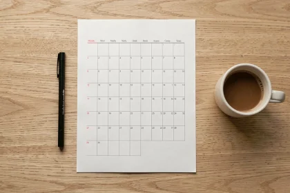 Planning mensuel minimaliste imprimé sur papier blanc posé sur un bureau en bois avec un stylo noir et une tasse de café