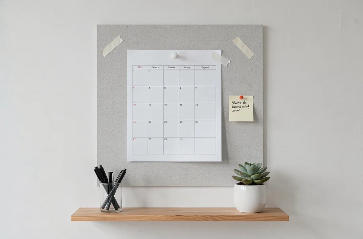 Planning mensuel minimaliste épuré affiché sur un tableau en liège blanc avec des stylos et une plante succulente