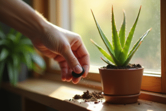 Main plantant un aloe vera dans un pot en céramique en lumière naturelle