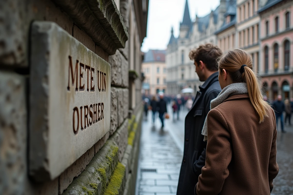Plaque de nom de ville belge en pierre sculptée dans une rue historique pavée avec couple de touristes