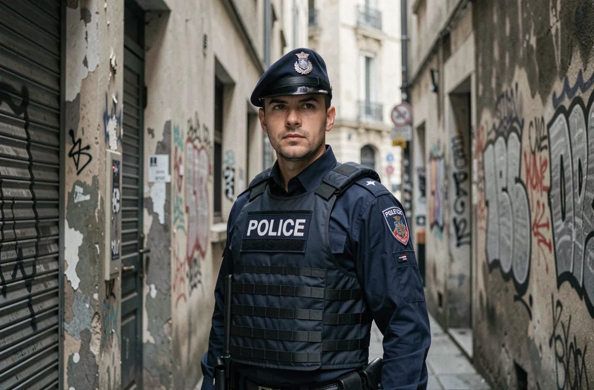Policier français en uniforme devant une ruelle dégradée d'une zone urbaine sensible