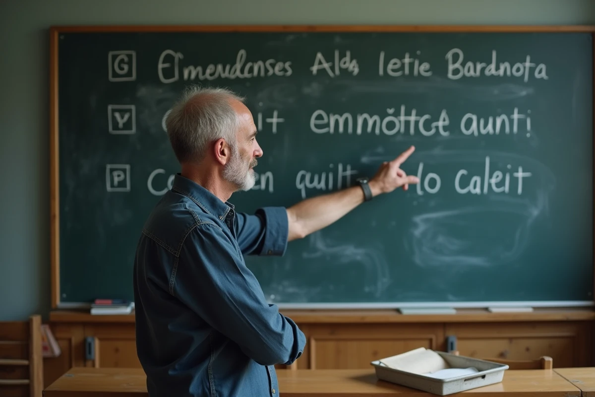 Professeur expliquant l'étymologie grecque et latine du mot parenthèse devant un tableau noir dans une salle de classe universitaire